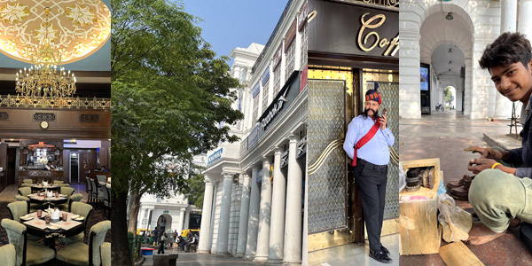New Delhi's Connaught Place with United Coffee House and shoeshine boys