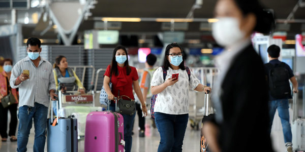 Covid19 response at Bangkok's Suvarnabhumi Airport as masks came on late February 2020