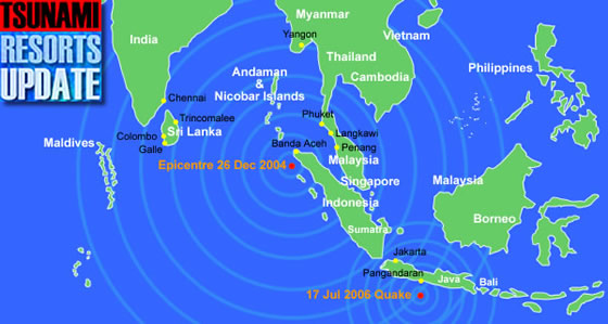 Asia Tsunami Map with 26 December 2004 epicentre and Java quake of 17 July 2006
