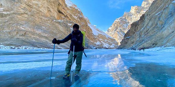 Stanzin Odzer from Ecological footprint poses on the ice chadar, Zanskar River January 2020