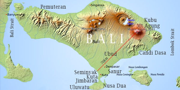 Bali volcano map showing distance from Mt Agung to Seminyak and Nusa Dua and resort areas