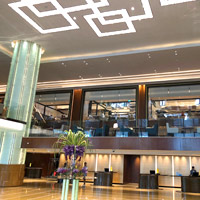 Grand Hyatt's minimalist lobby with geometric patterns and water features