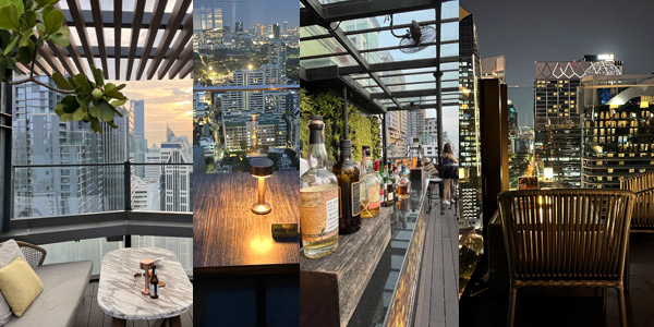 Best Bangkok rooftop bars, Spectrum at Hyatt Regency (left two), wood-floor Speakeasy at Hotel Muse, and classy CHAR rooftop bar at Hotel Indigo (right), photos: Vijay Verghese