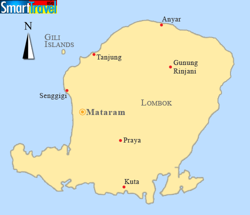 Detailed A4 printable map of Lombok, listing popular sights, cities ...