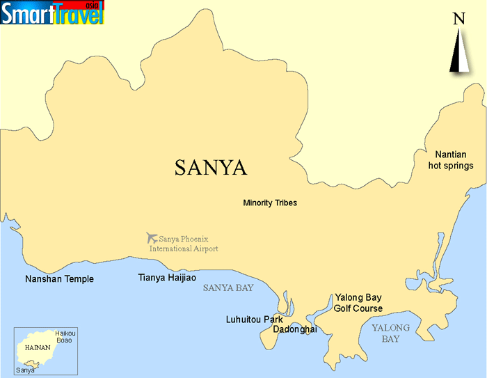 Detailed A4 printable map of Sanya, Hainan, China, listing popular ...