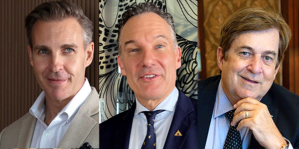 Discussing wartime hotel strategy are Patrick Both (left) and Torsten Richter (centre) in Bangkok, with David Wilson (right) in Dubai