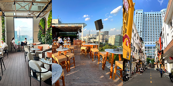 Sheraton Saigon's Hai Bar (left) is a quietly elegant retreat with great sunset views while the hotel's blue exterior (right) is unmistakeable viewed from side lanes; Hotel des Arts Saigon's rooftop Social Club is by the pool and can get cramped